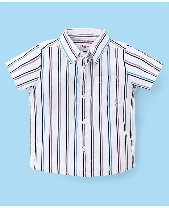 Babyhug Cotton Woven Half Sleeves Striped Shirt & Denim Shorts Set - White & Blue