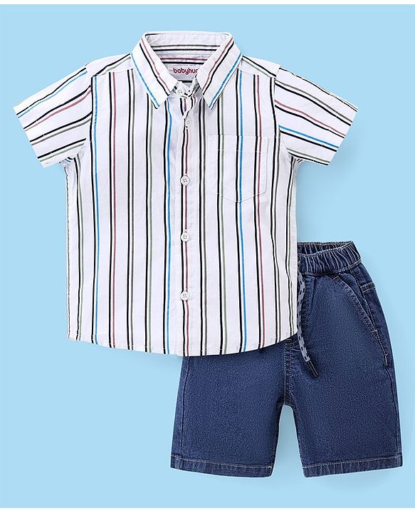 Babyhug Cotton Woven Half Sleeves Striped Shirt & Denim Shorts Set - White & Blue