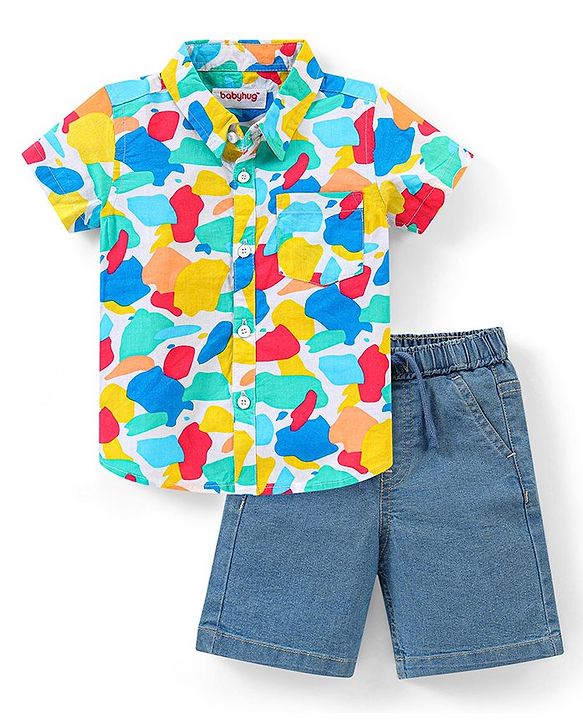 Babyhug Cotton Woven Half Sleeves Abstract Printed Shirt & Denim Shorts Set - Green & Blue