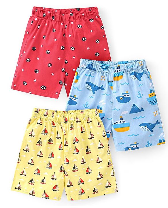 Babyhug Poplin Woven Boxers Football Whale & Boat Print Pack of 3 - Multicolour