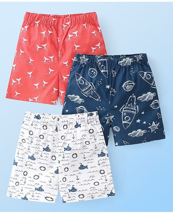 Babyhug Poplin Woven  Boxers with Rocket & Submarine Print Pack of 3 - Multicolour