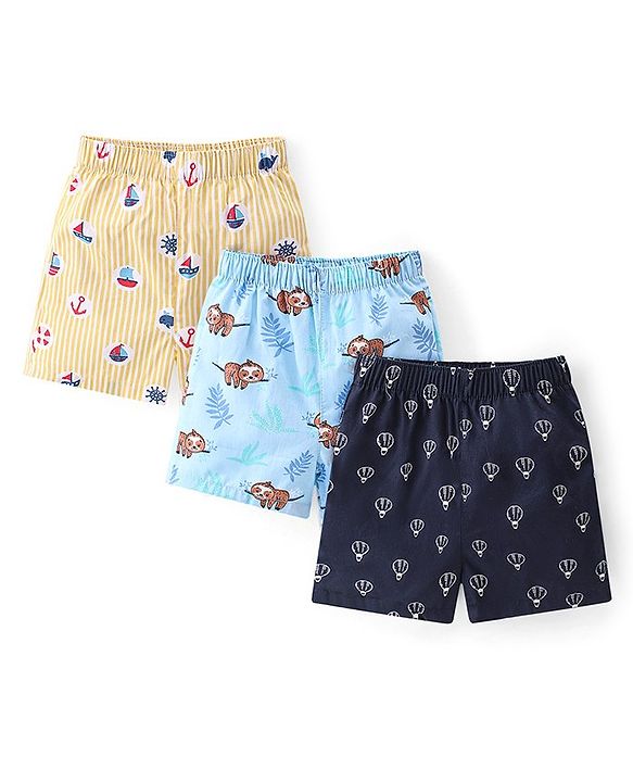 Babyhug Poplin Woven Boat & Sloth Print Boxers Pack of 3 - Multicolour