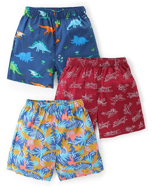 Babyhug Poplin Woven Boxers with Dino Aeroplane & Zebra Print Pack of 3 - Multicolour