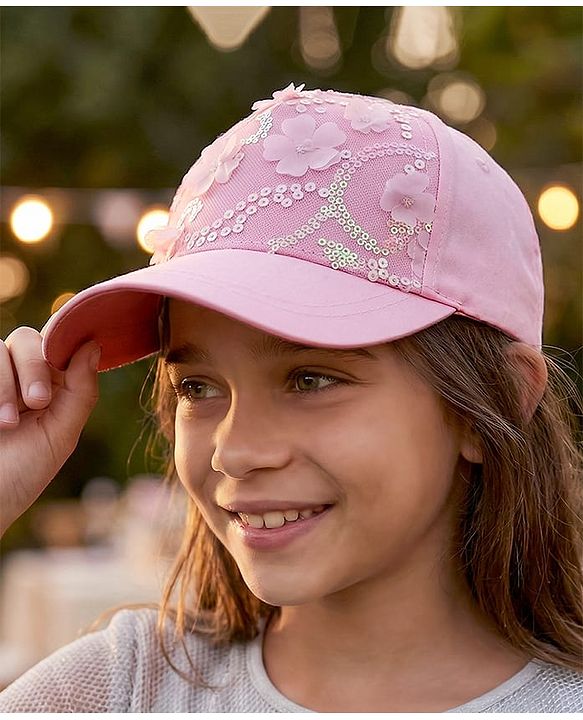 Pine Kids Baseball Cap with Floral & Sequined Detailing - Pink
