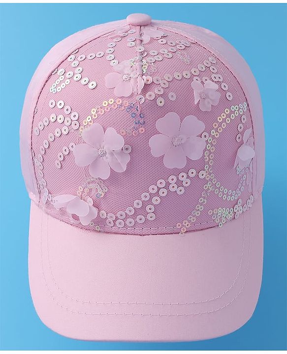 Pine Kids Baseball Cap with Floral & Sequined Detailing - Pink