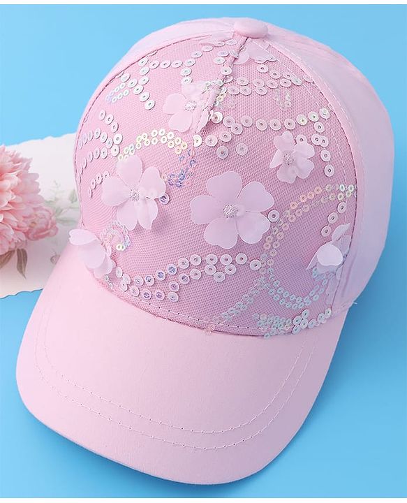 Pine Kids Baseball Cap with Floral & Sequined Detailing - Pink