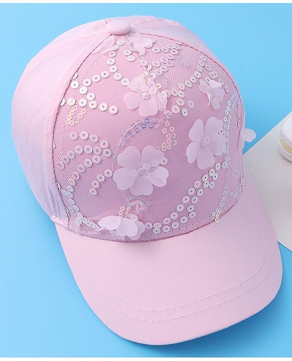 Pine Kids Baseball Cap with Floral & Sequined Detailing - Pink