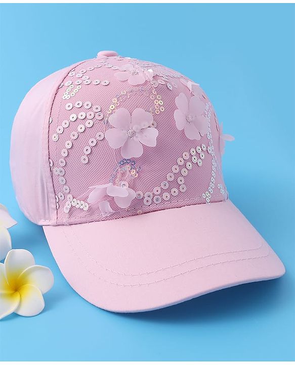 Pine Kids Baseball Cap with Floral & Sequined Detailing - Pink