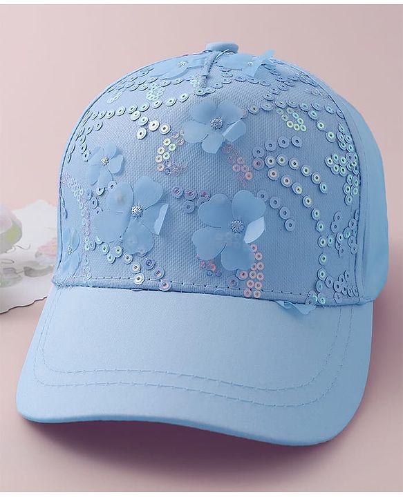 Pine Kids Baseball Cap with Floral & Sequined Detailing - Blue