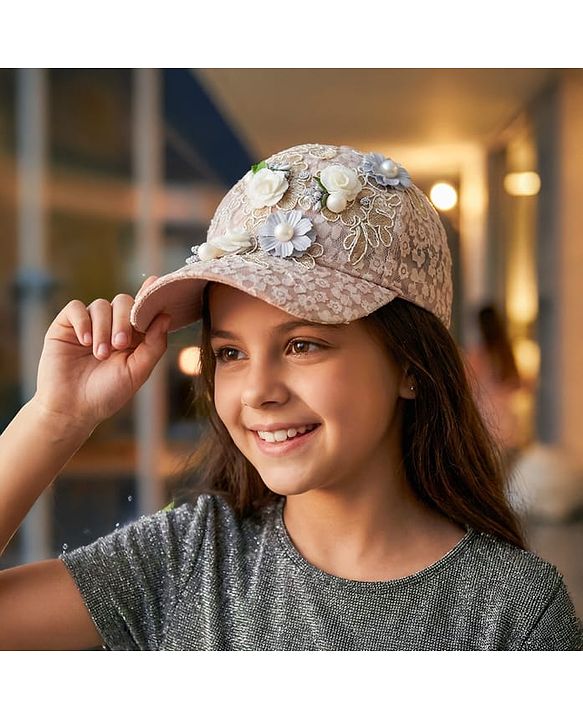 Pine Kids Baseball Cap with Floral Appilique - Beige