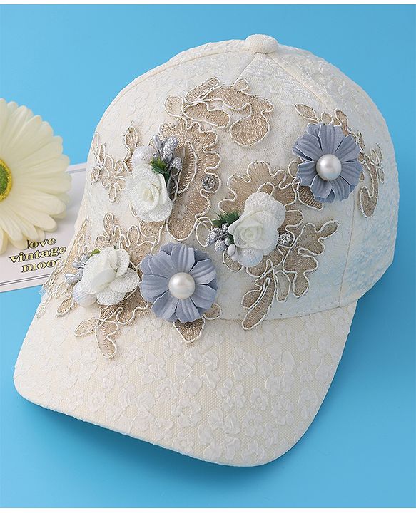 Pine Kids Baseball Cap with Floral Appilique - White