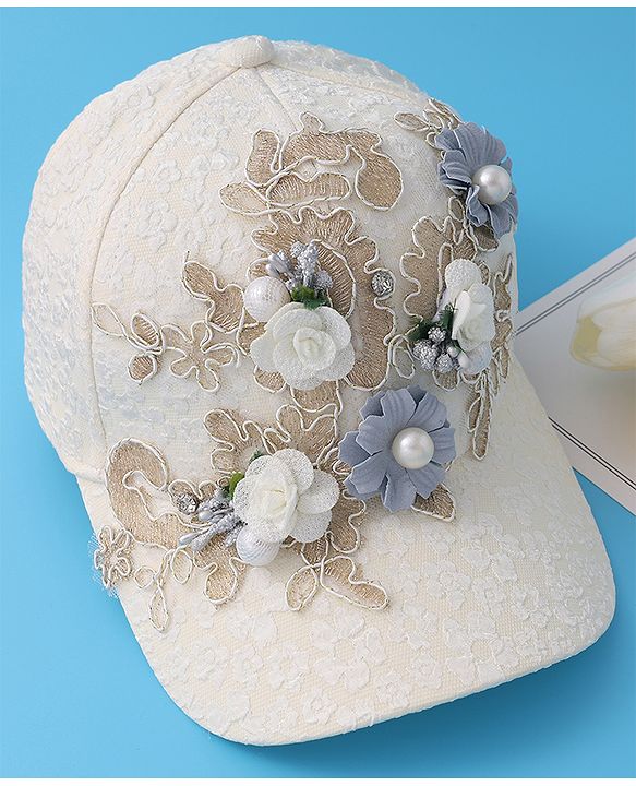 Pine Kids Baseball Cap with Floral Appilique - White