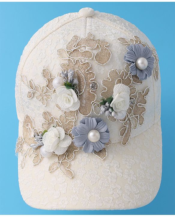 Pine Kids Baseball Cap with Floral Appilique - White