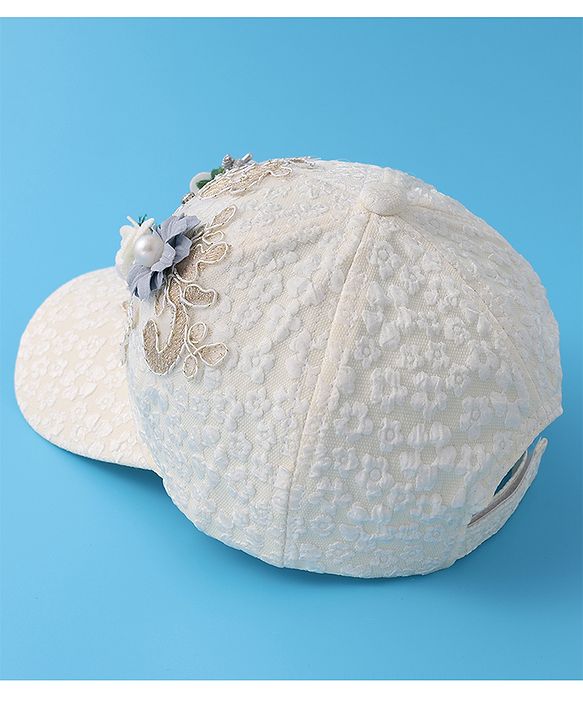 Pine Kids Baseball Cap with Floral Appilique - White