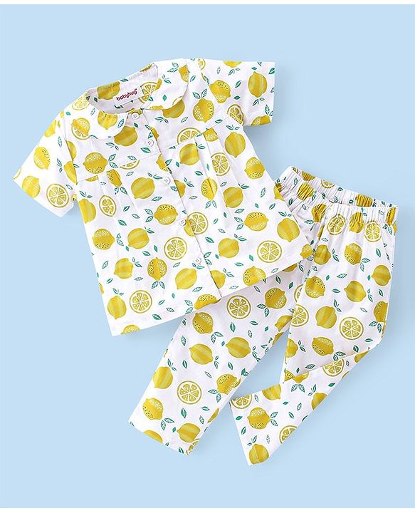 Babyhug Woven Half Sleeves Night Suit With Lemon Print - White & Yellow