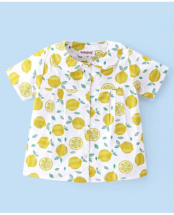 Babyhug Woven Half Sleeves Night Suit With Lemon Print - White & Yellow