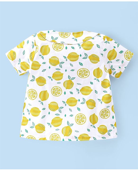 Babyhug Woven Half Sleeves Night Suit With Lemon Print - White & Yellow