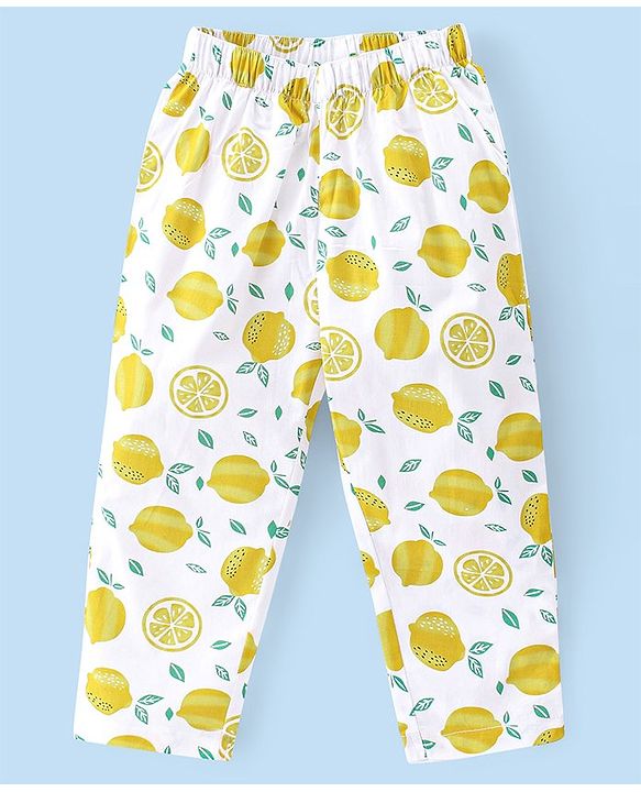Babyhug Woven Half Sleeves Night Suit With Lemon Print - White & Yellow