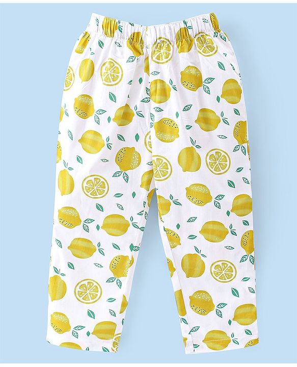 Babyhug Woven Half Sleeves Night Suit With Lemon Print - White & Yellow