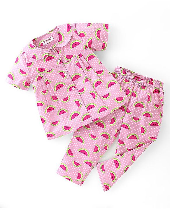 Babyhug Poplin Woven Half Sleeves Night Suit Polka Dot & Watermelon Print - Pink