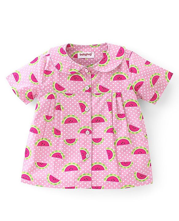 Babyhug Poplin Woven Half Sleeves Night Suit Polka Dot & Watermelon Print - Pink