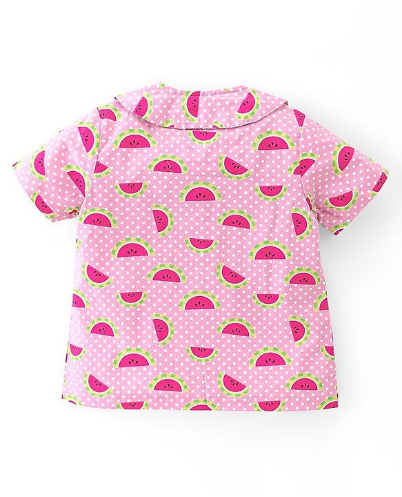 Babyhug Poplin Woven Half Sleeves Night Suit Polka Dot & Watermelon Print - Pink