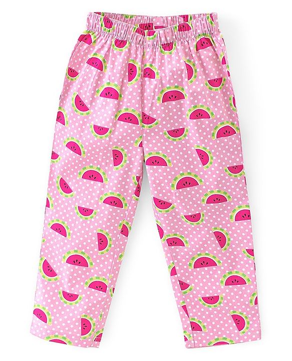 Babyhug Poplin Woven Half Sleeves Night Suit Polka Dot & Watermelon Print - Pink