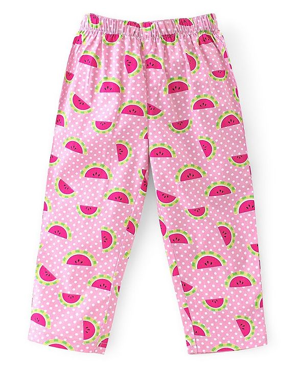 Babyhug Poplin Woven Half Sleeves Night Suit Polka Dot & Watermelon Print - Pink