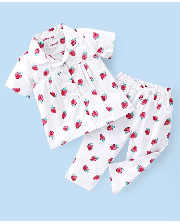 Babyhug Poplin Woven Half Sleeves Night Suit Strawberry Print - White