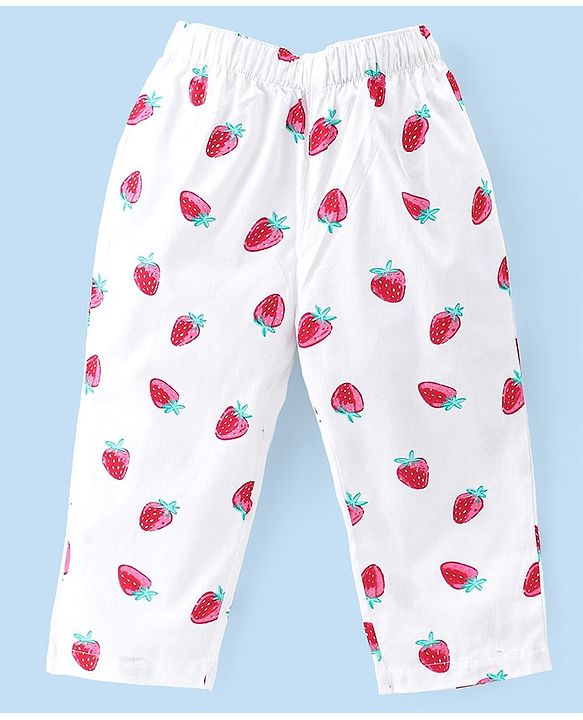 Babyhug Poplin Woven Half Sleeves Night Suit Strawberry Print - White