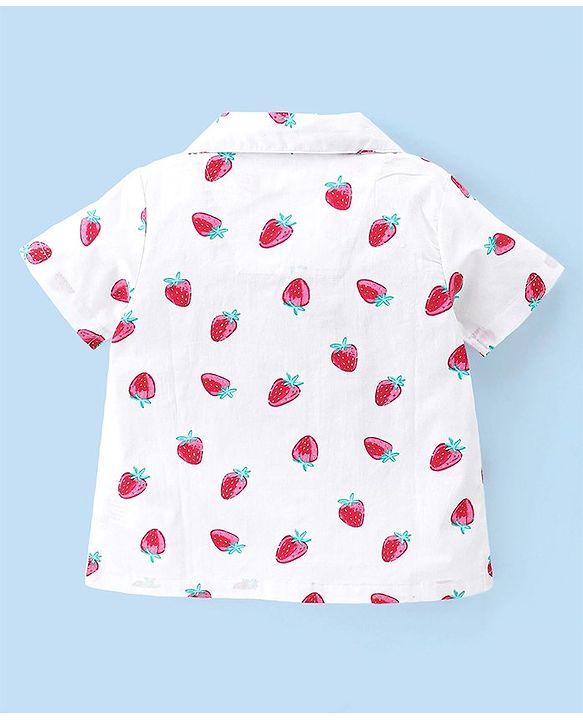 Babyhug Poplin Woven Half Sleeves Night Suit Strawberry Print - White