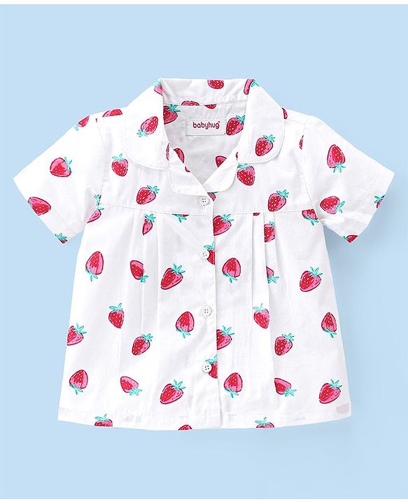 Babyhug Poplin Woven Half Sleeves Night Suit Strawberry Print - White
