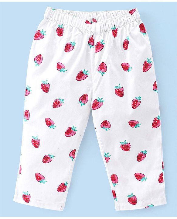 Babyhug Poplin Woven Half Sleeves Night Suit Strawberry Print - White