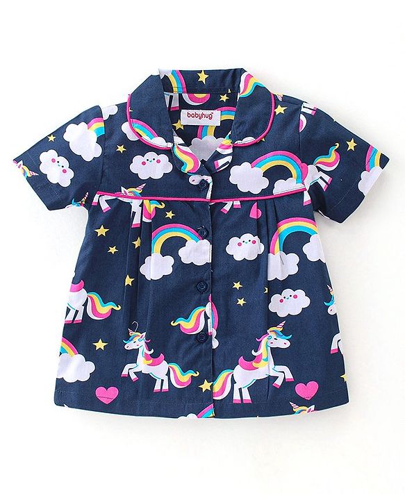 Babyhug Cotton Knit Single Jersey Half Sleeves Night Suit With Unicorn Print - Navy Blue