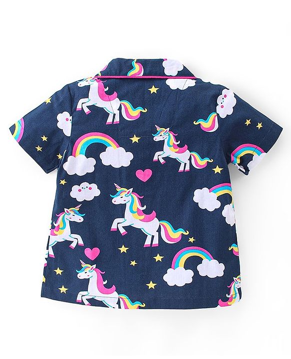 Babyhug Cotton Knit Single Jersey Half Sleeves Night Suit With Unicorn Print - Navy Blue