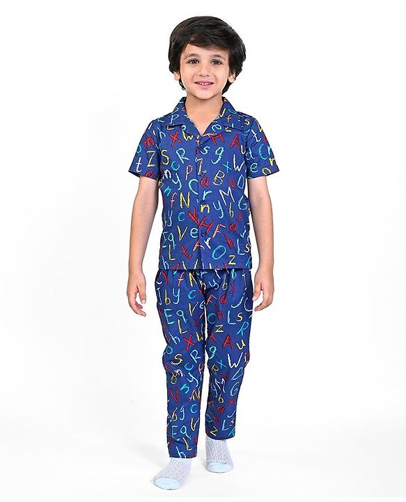 Babyhug Poplin Woven Half Sleeves Night Suit With Alphabet Print - Blue