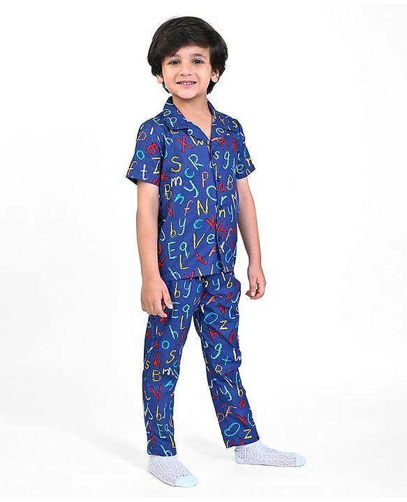 Babyhug Poplin Woven Half Sleeves Night Suit With Alphabet Print - Blue