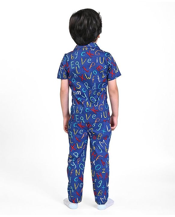Babyhug Poplin Woven Half Sleeves Night Suit With Alphabet Print - Blue