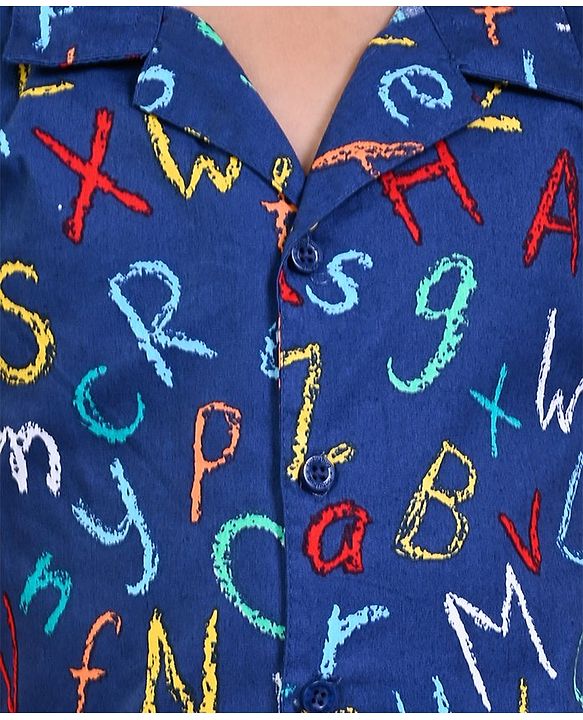 Babyhug Poplin Woven Half Sleeves Night Suit With Alphabet Print - Blue