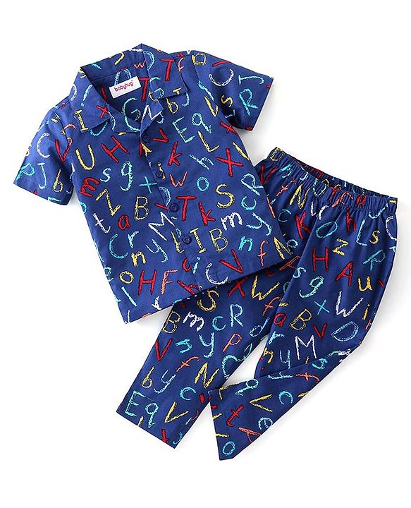 Babyhug Poplin Woven Half Sleeves Night Suit With Alphabet Print - Blue
