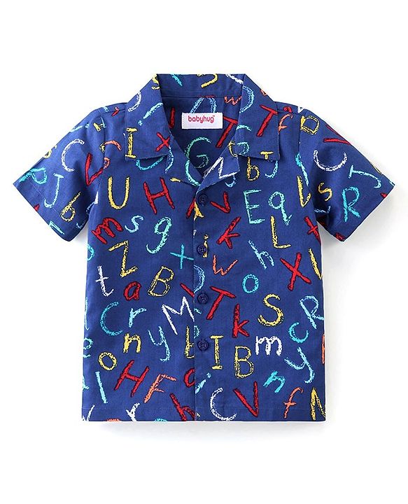 Babyhug Poplin Woven Half Sleeves Night Suit With Alphabet Print - Blue