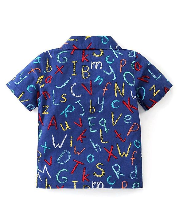 Babyhug Poplin Woven Half Sleeves Night Suit With Alphabet Print - Blue