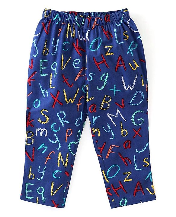 Babyhug Poplin Woven Half Sleeves Night Suit With Alphabet Print - Blue