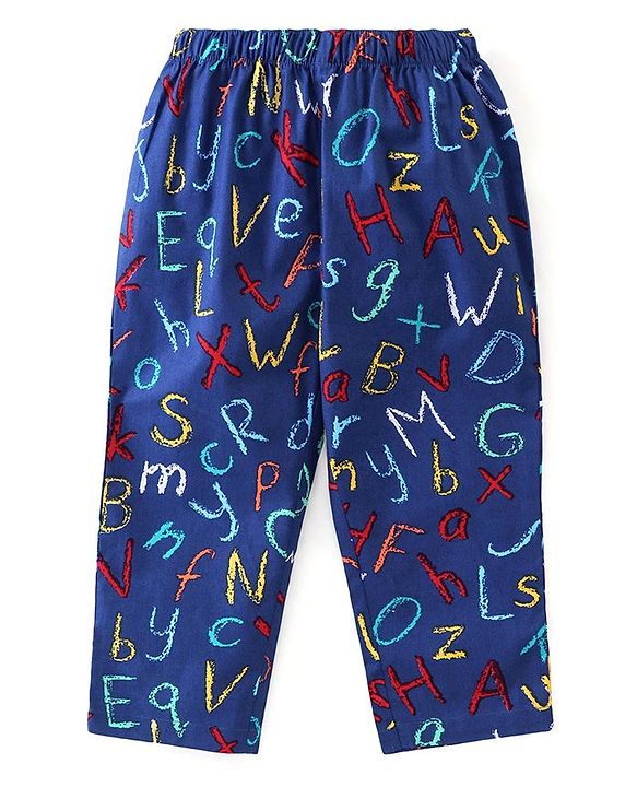 Babyhug Poplin Woven Half Sleeves Night Suit With Alphabet Print - Blue