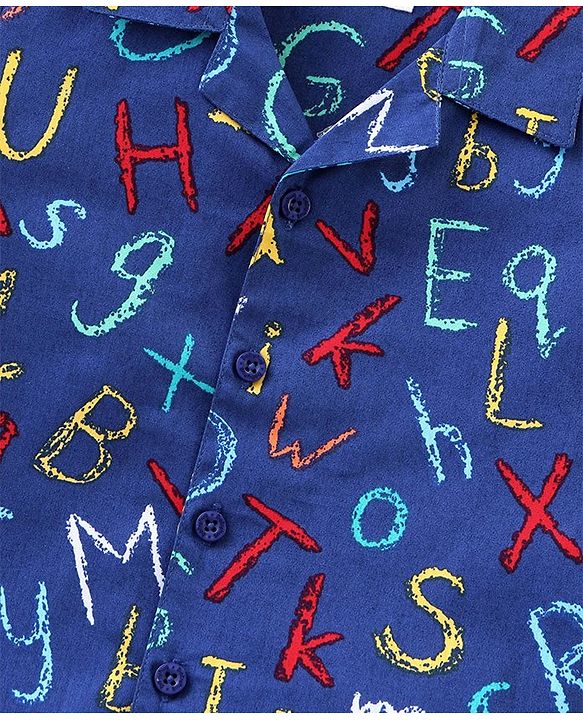 Babyhug Poplin Woven Half Sleeves Night Suit With Alphabet Print - Blue