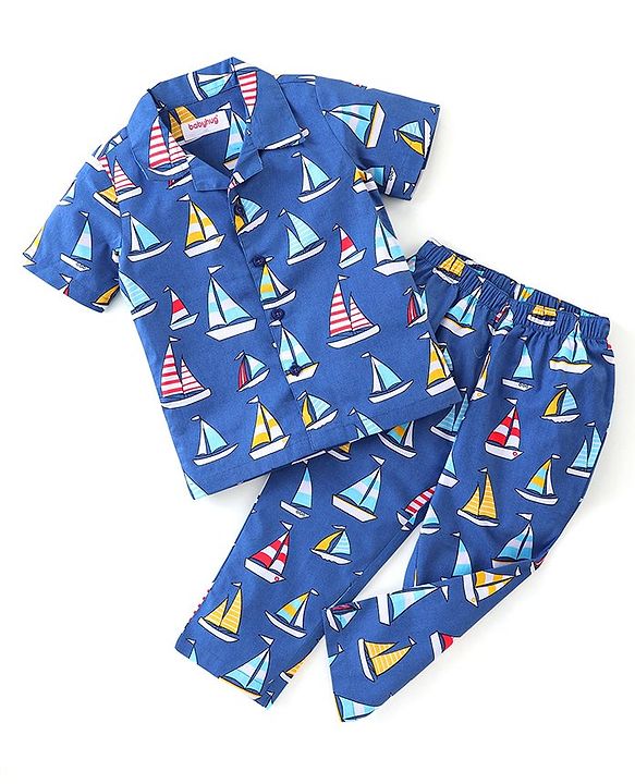 Babyhug Poplin Woven Half Sleeves Night Suit with Boat Print - Blue