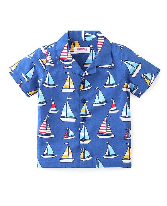 Babyhug Poplin Woven Half Sleeves Night Suit with Boat Print - Blue