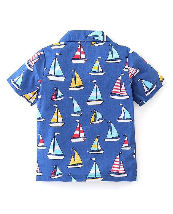 Babyhug Poplin Woven Half Sleeves Night Suit with Boat Print - Blue