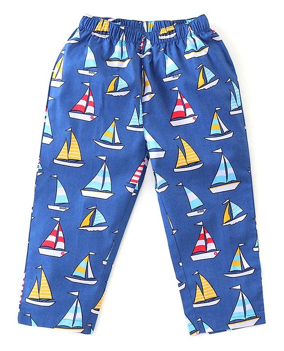 Babyhug Poplin Woven Half Sleeves Night Suit with Boat Print - Blue