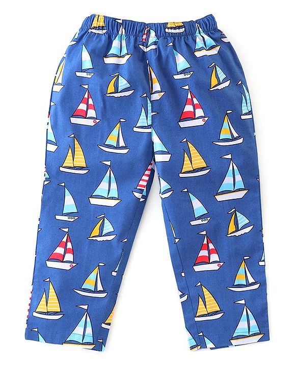 Babyhug Poplin Woven Half Sleeves Night Suit with Boat Print - Blue